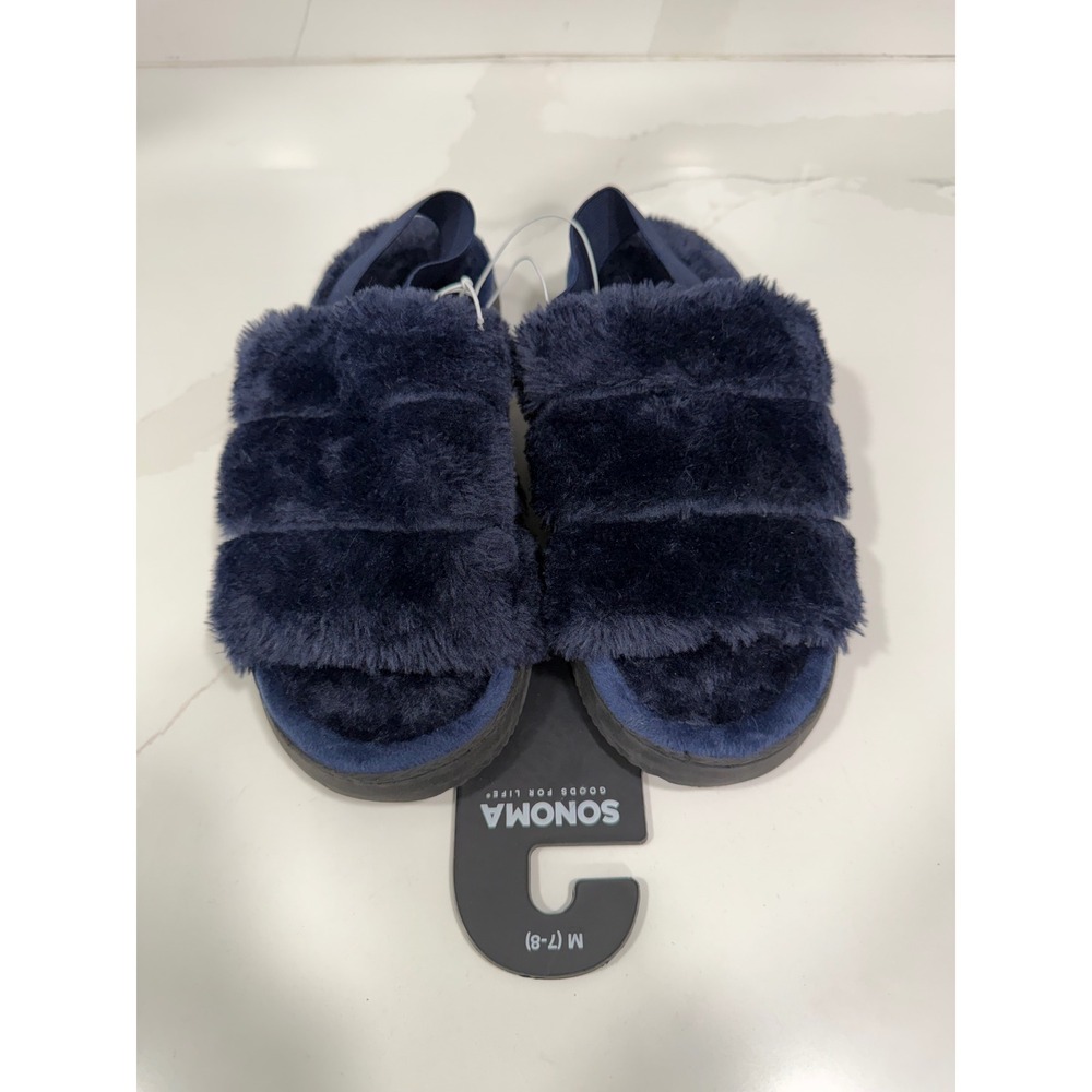 Sonoma Navy‎ Blue Faux Fur Slingback Slipper Slides Womens Medium 7-8